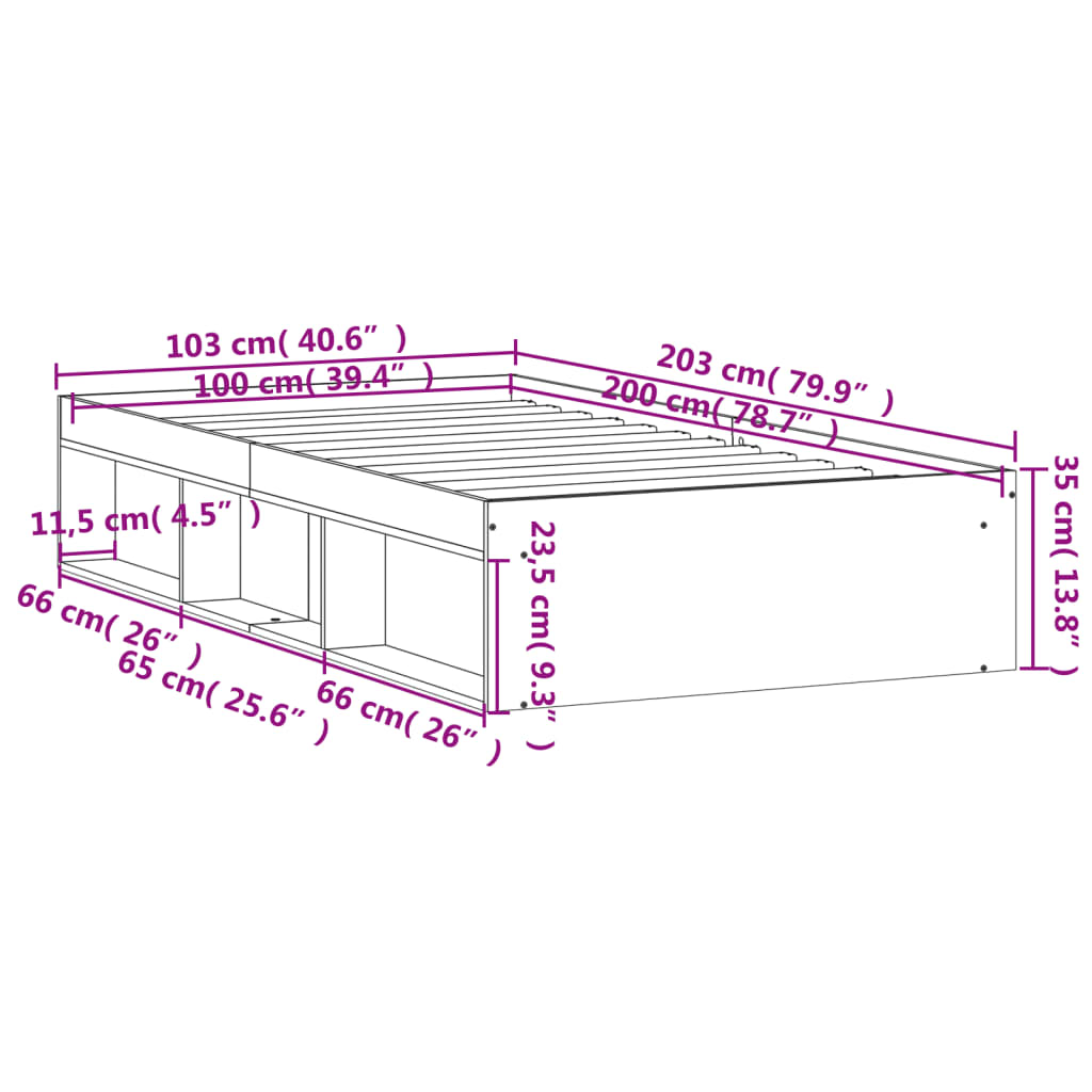 vidaXL voodiraam, must, 100 x 200 cm