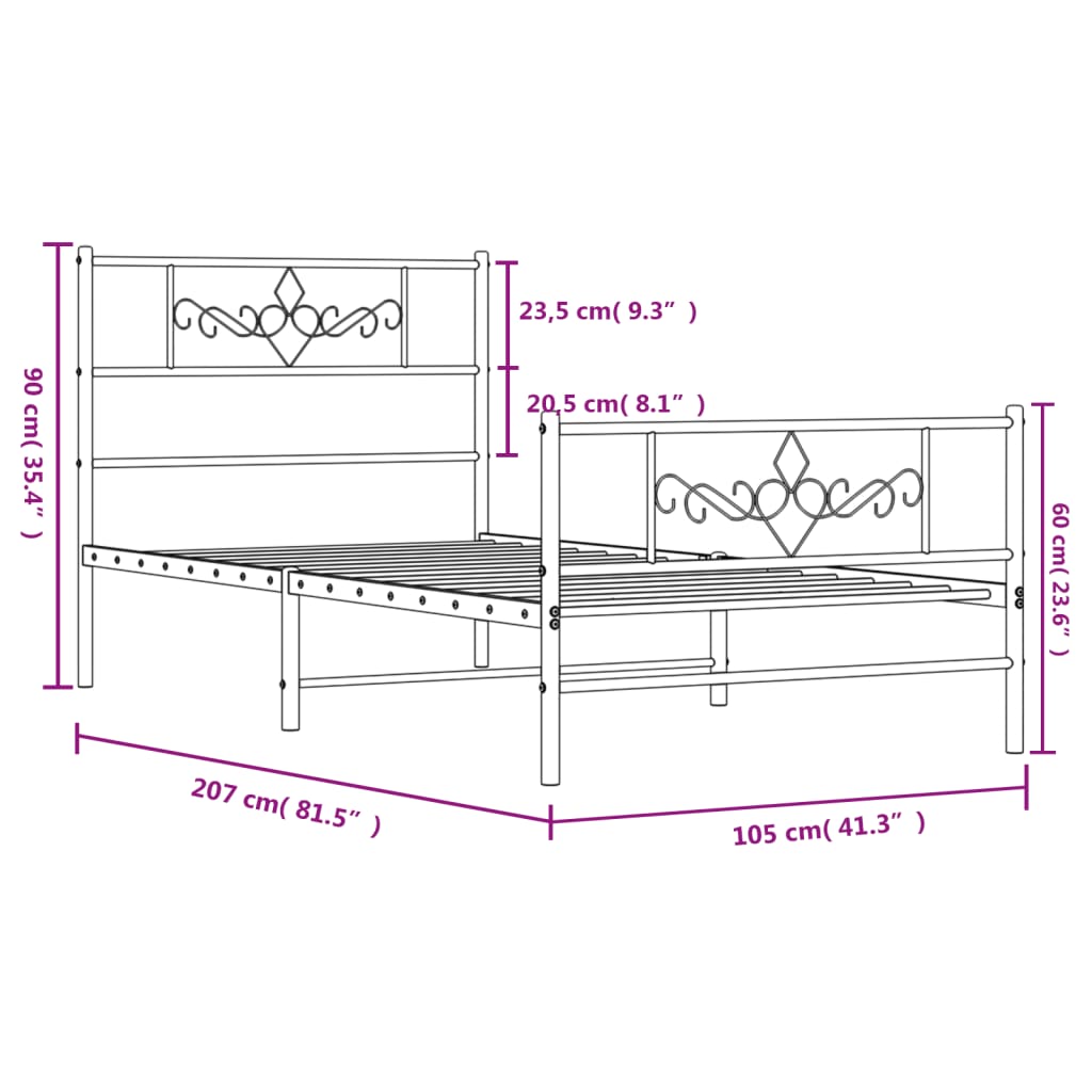 vidaXL metallist voodiraam peatsi ja jalutsiga, valge, 100x200 cm