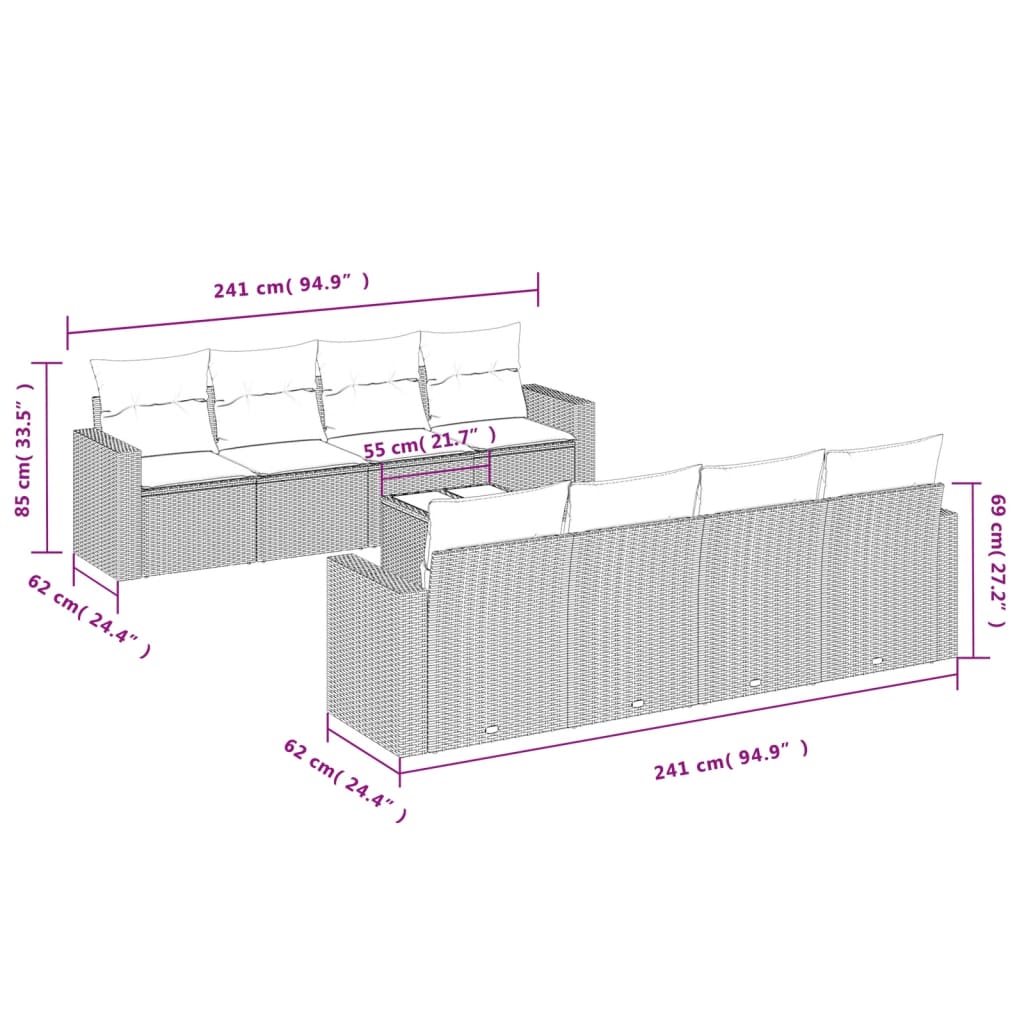 vidaXL 9-osaline aiadiivani komplekt patjadega, hall, polürotang