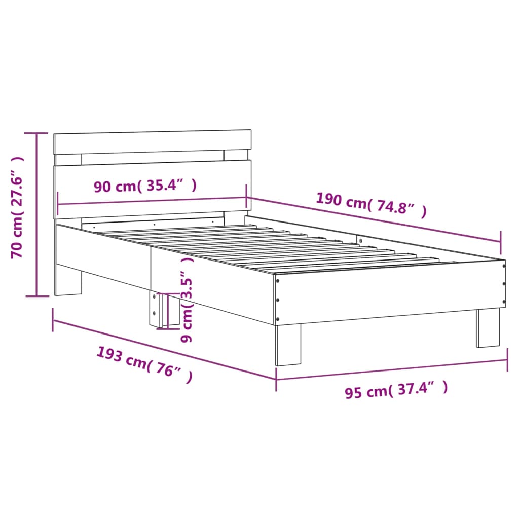 vidaXL voodiraam peatsiga, Sonoma tamm, 90 x 190 cm, tehispuit