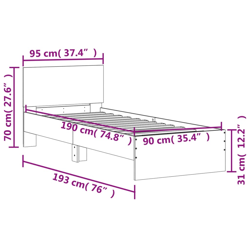 vidaXL voodiraam peatsiga, valge, 90 x 190 cm, tehispuit