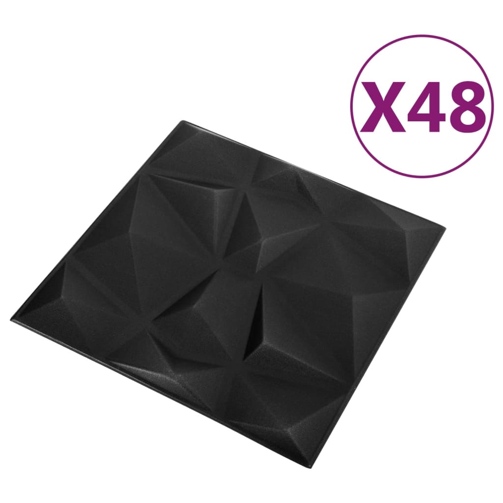 vidaXL 3D seinapaneelid, 48 tk, 50x50 cm, teemantmust, 12 m²