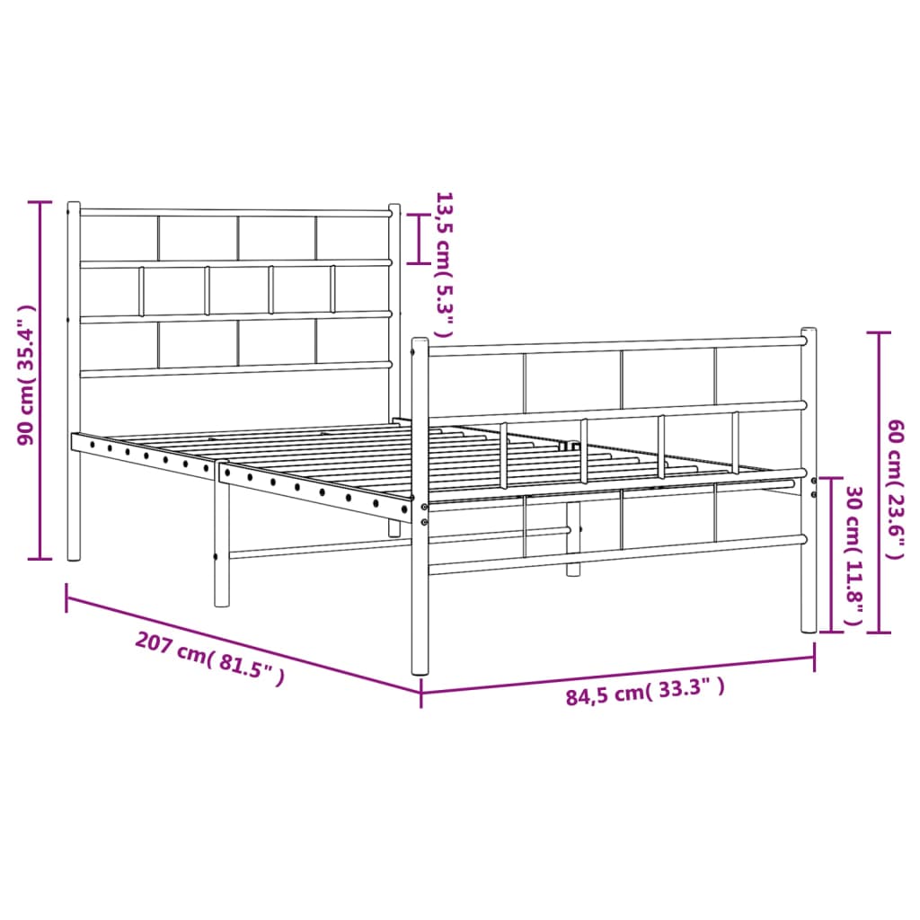 vidaXL metallist voodiraam peatsi ja jalutsiga, valge, 80 x 200 cm