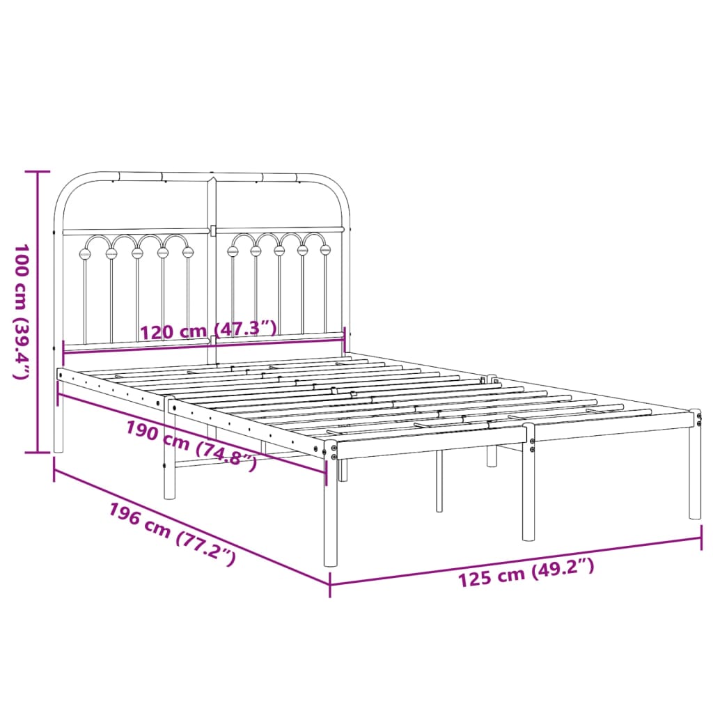 vidaXL metallist voodiraam peatsiga, valge, 120x190 cm