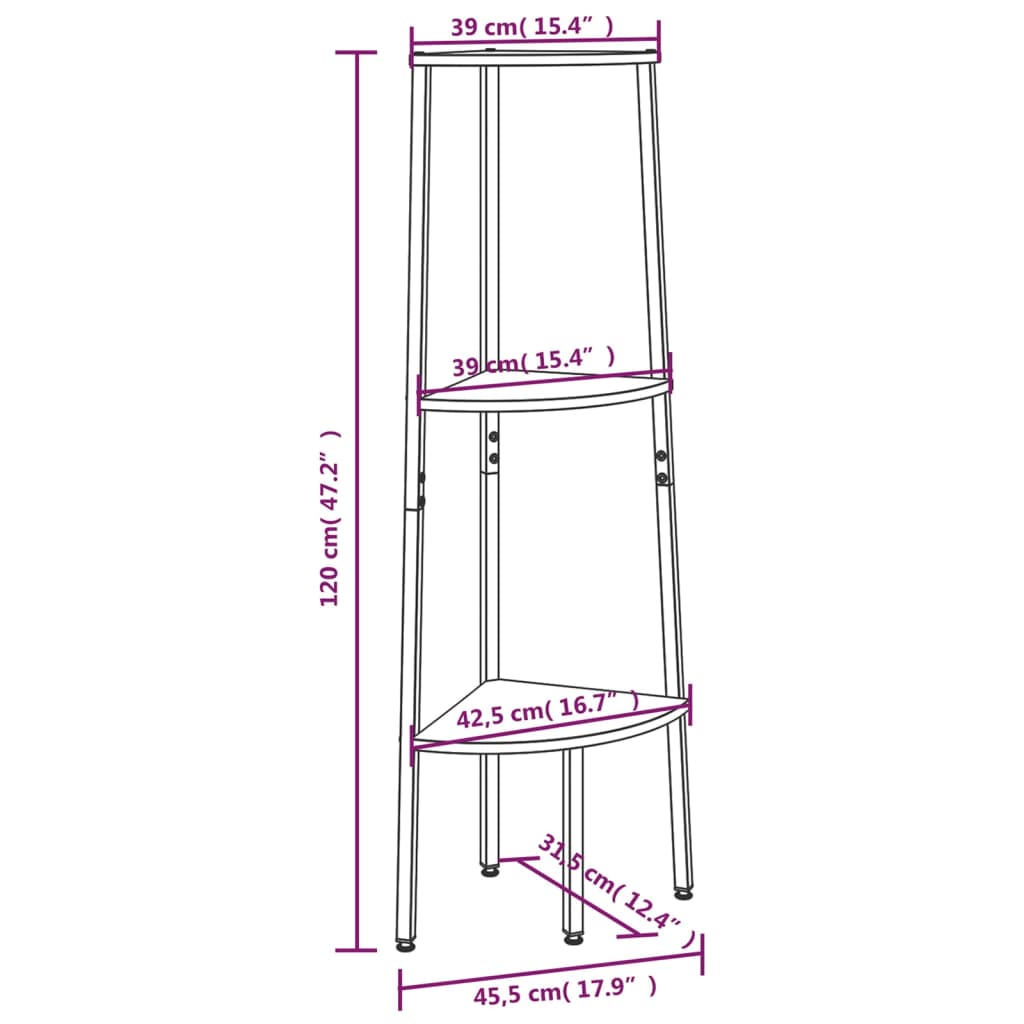 vidaXL 3 riiuliga nurgariiul, tumepruun ja must, 45,5 x31,5 x 120 cm