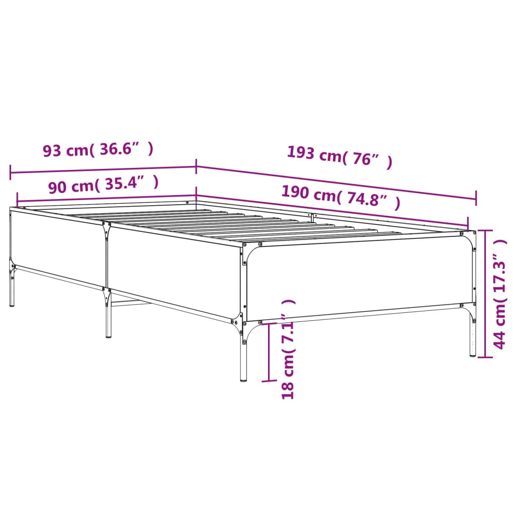 vidaXL voodiraam, hall Sonoma tamm, 90 x 190 cm, tehispuit ja metall