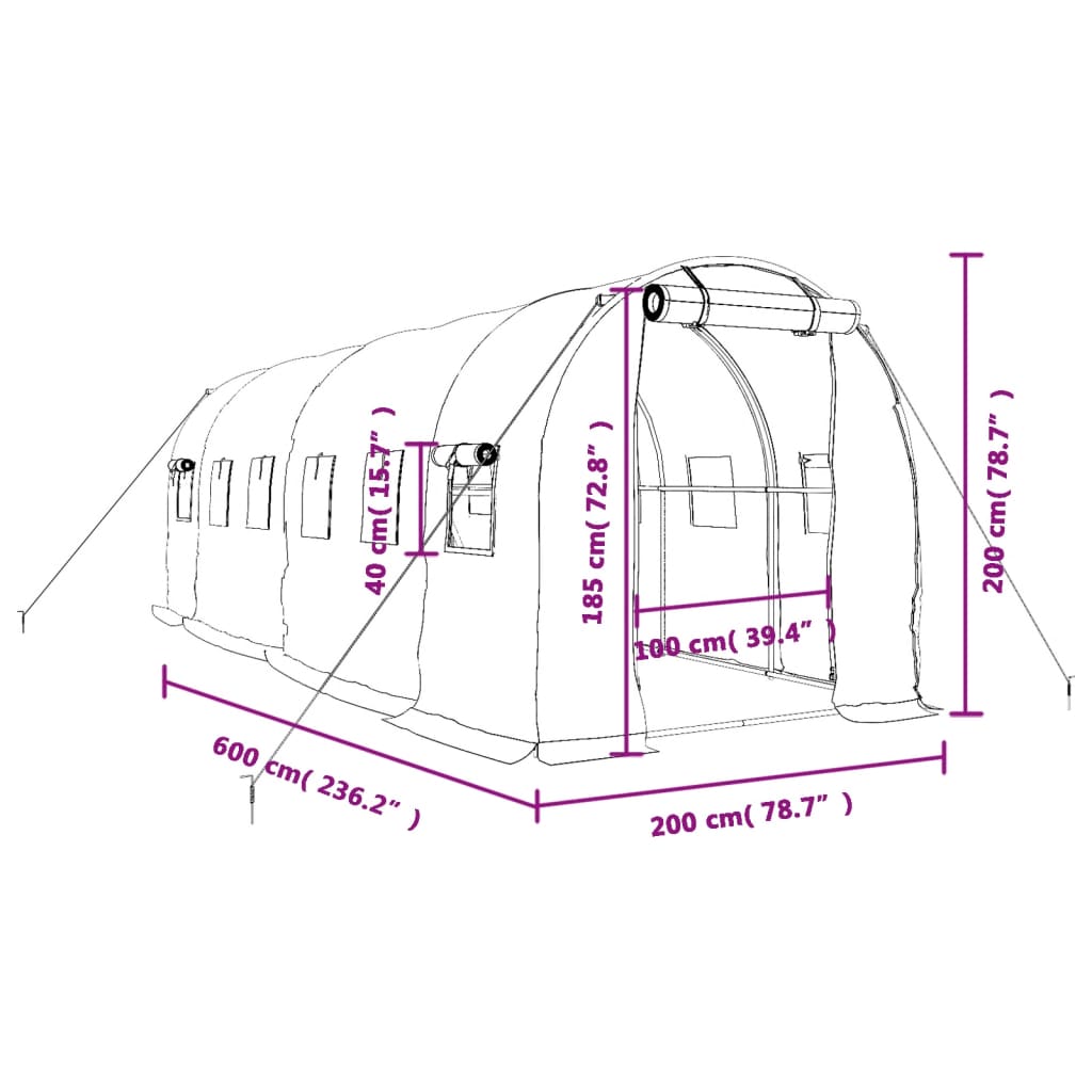 vidaXL kasvuhoone terasraamiga, valge, 12 m², 6x2x2 m