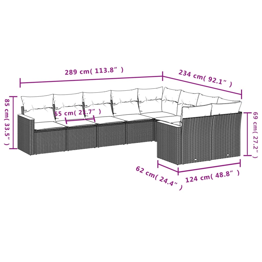 vidaXL 9-osaline aiadiivani komplekt patjadega, hall, polürotang