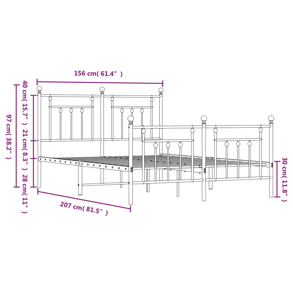 vidaXL metallist voodiraam peatsi ja jalutsiga, valge, 150 x 200 cm