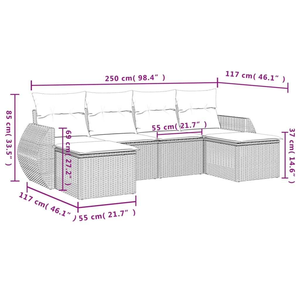 vidaXL 6-osaline aiamööblikomplekt patjadega, helehall, polürotang