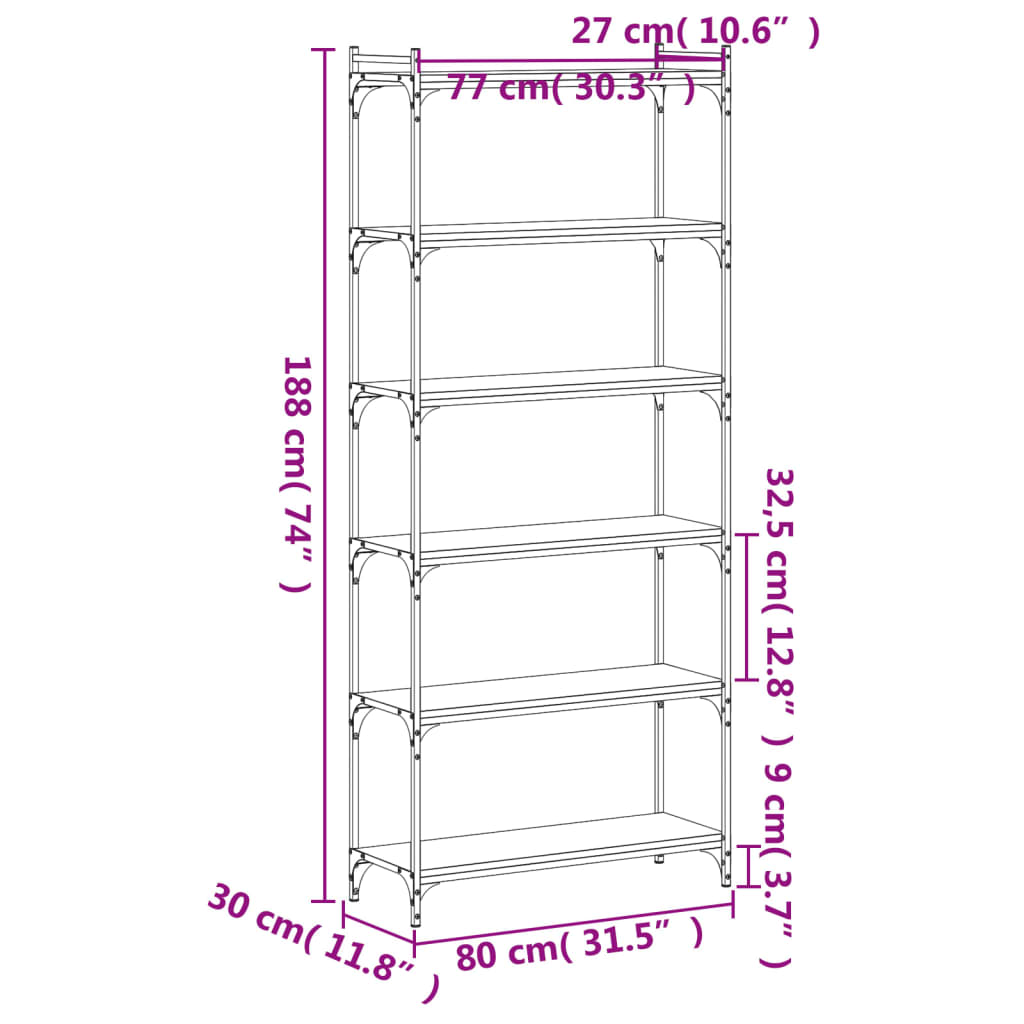 vidaXL raamaturiiul 6 korrust, suitsutamm, 80x30x188 cm, tehispuit