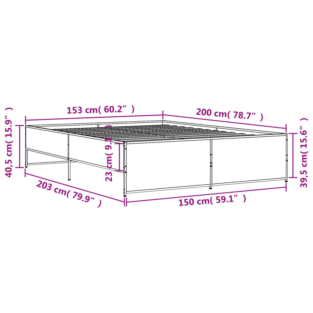 vidaXL voodiraam, hall Sonoma tamm, 150 x 200 cm, tehispuit ja metall