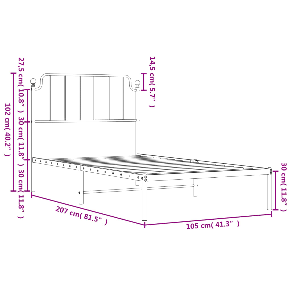 vidaXL metallist voodiraam peatsiga, valge, 100x200 cm