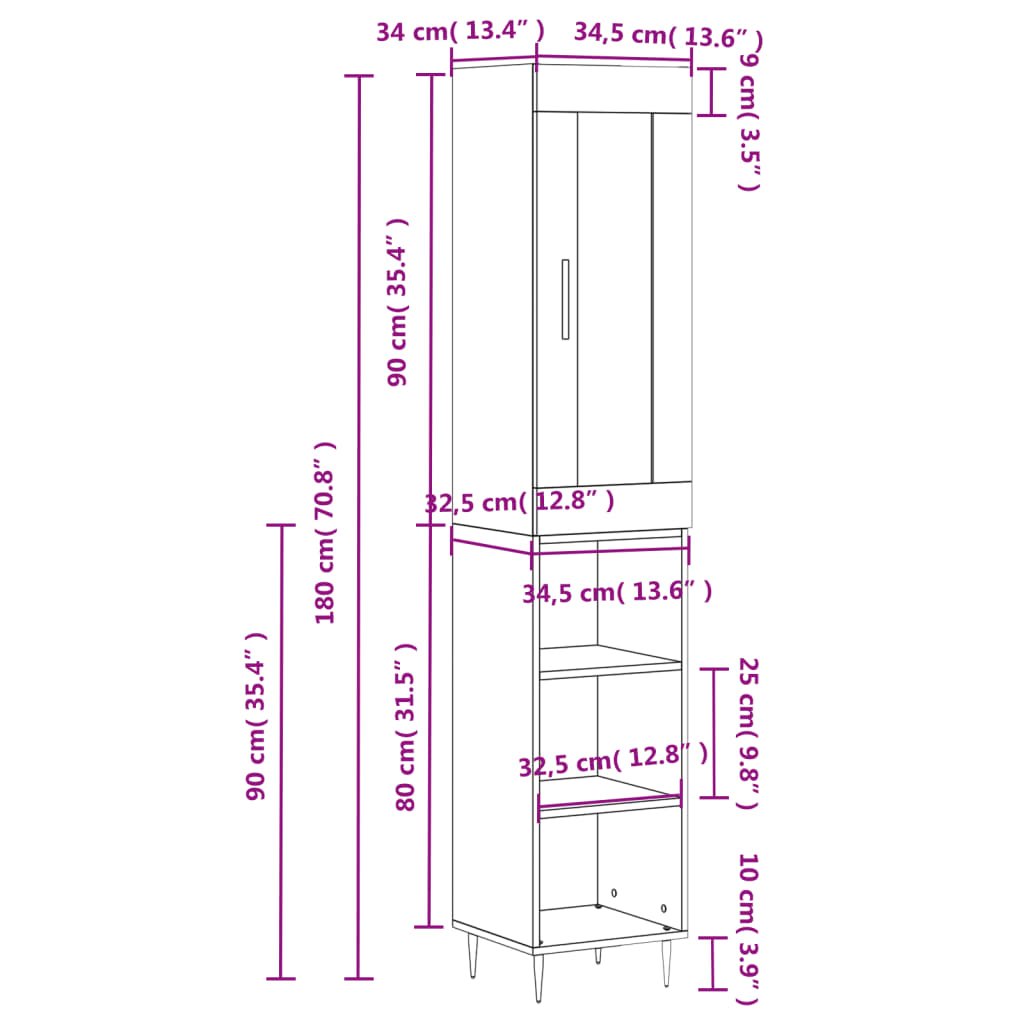 vidaXL kõrge kapp, suitsutatud tamm, 34,5x34x180 cm, tehispuit