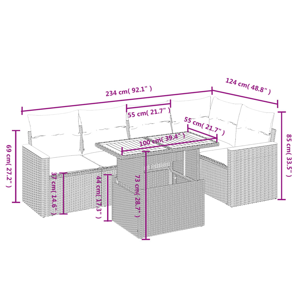 vidaXL 6-osaline aiadiivani komplekt patjadega, must, polürotang