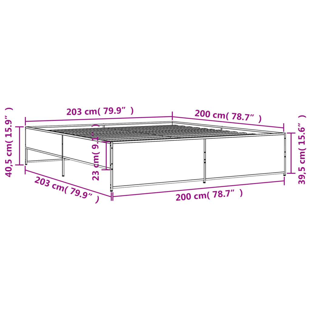 vidaXL voodiraam, hall Sonoma tamm, 200x200 cm, tehispuit ja metall