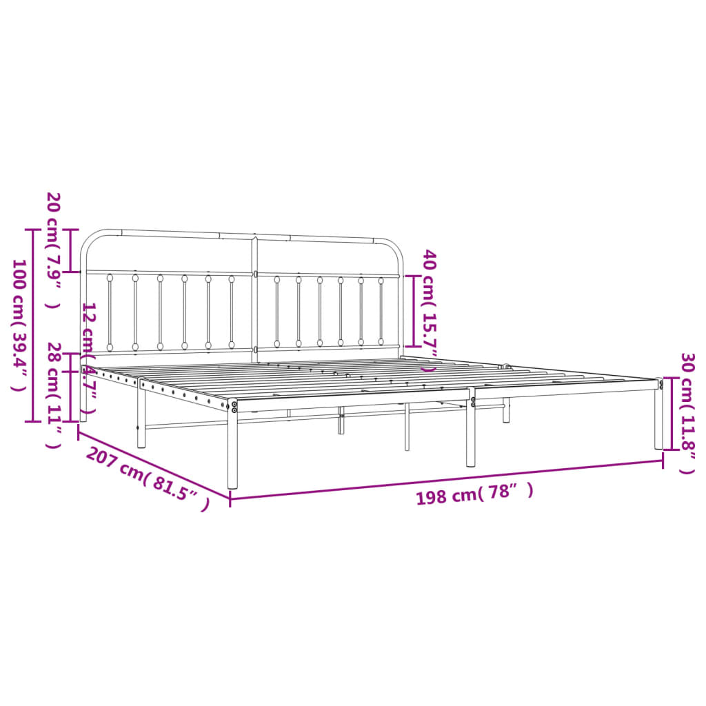 vidaXL metallist voodiraam peatsiga, must, 193x203 cm