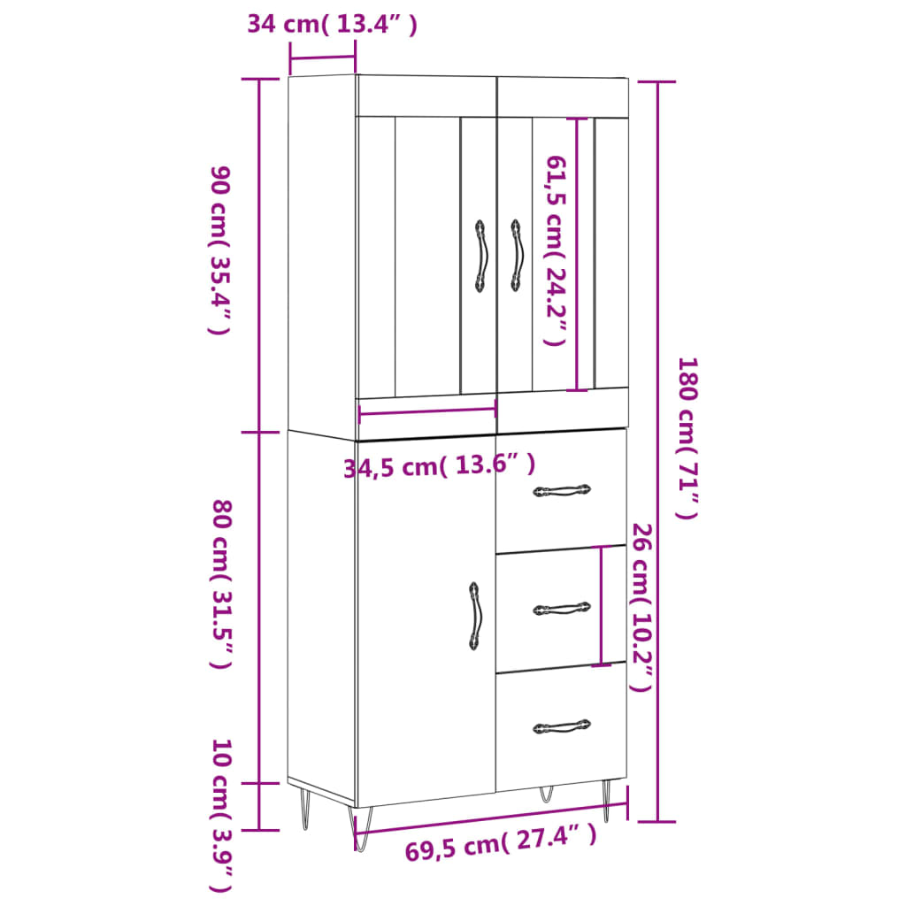 vidaXL kõrge kapp, hall Sonoma tamm, 69,5 x 34 x 180 cm, tehispuit