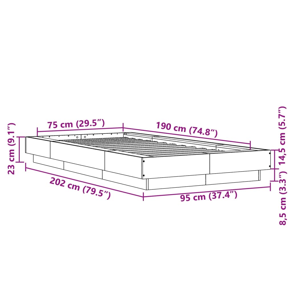 vidaXL voodiraam, pruun tamm, 75x190 cm, tehispuit