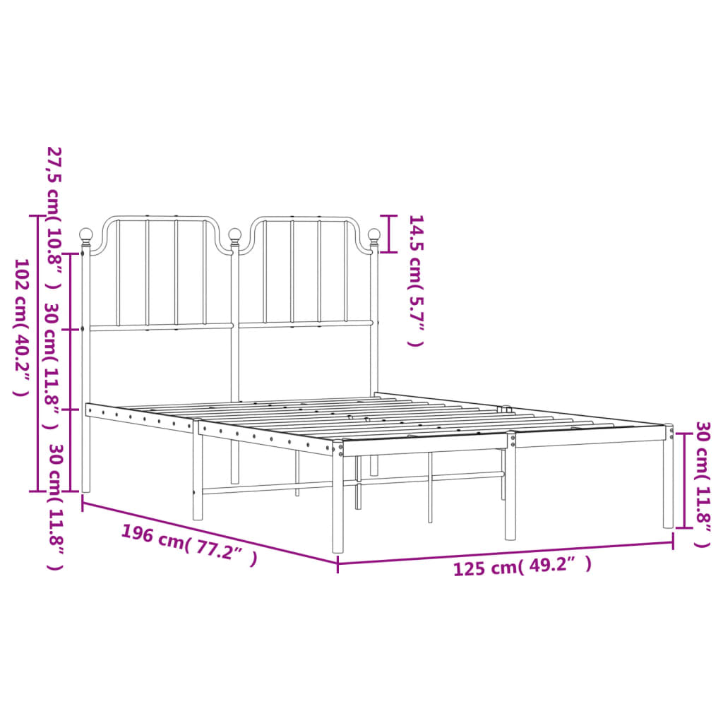 vidaXL metallist voodiraam peatsiga, valge, 120x190 cm