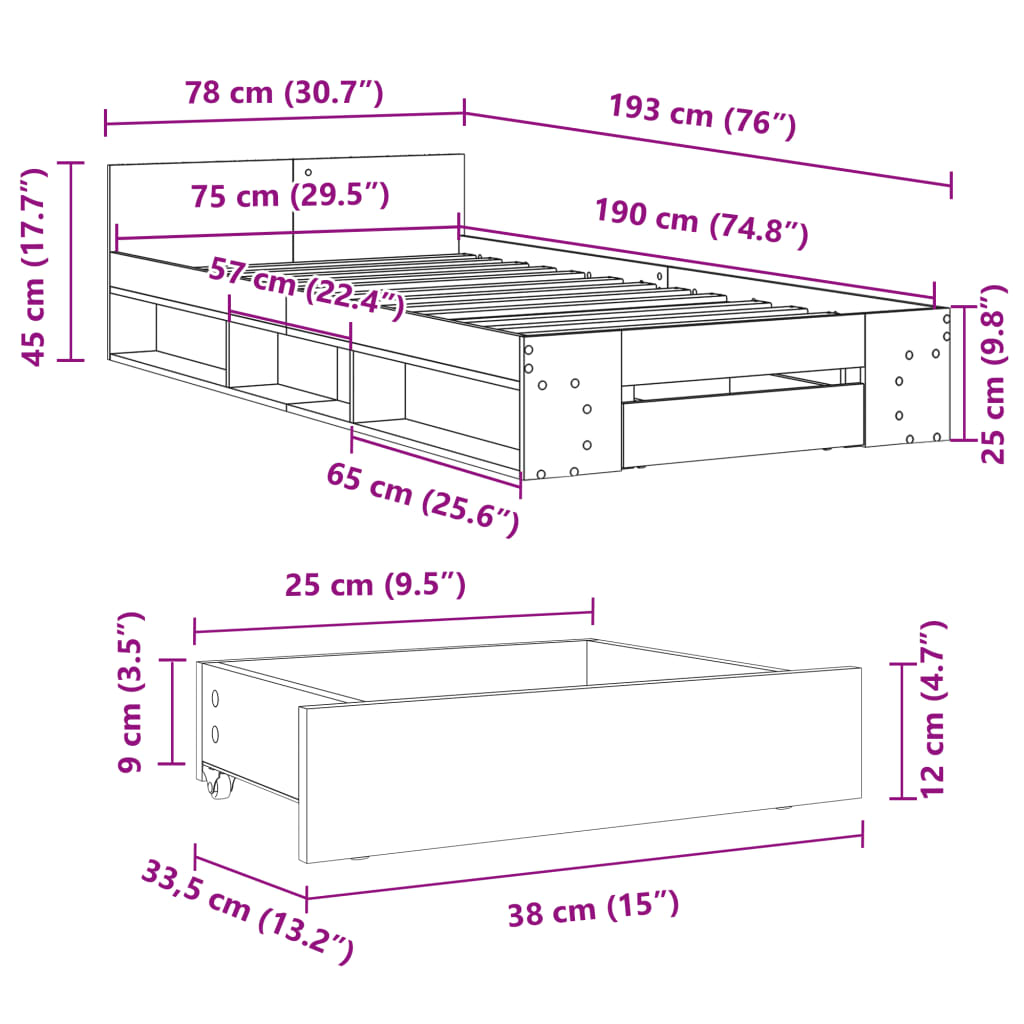 vidaXL voodiraam sahtlitega, betoonhall, 75x190 cm, tehispuit