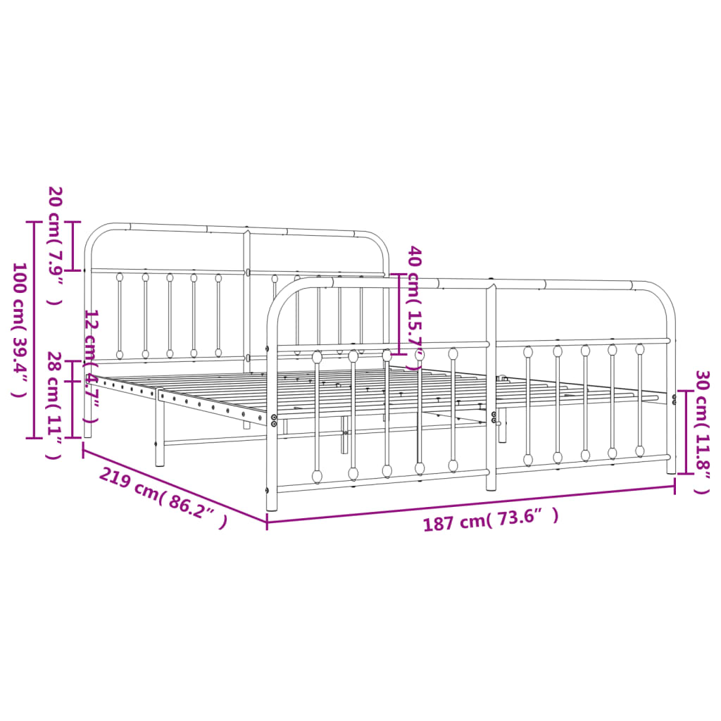 vidaXL metallist voodiraam peatsi ja jalutsiga, valge, 183x213 cm