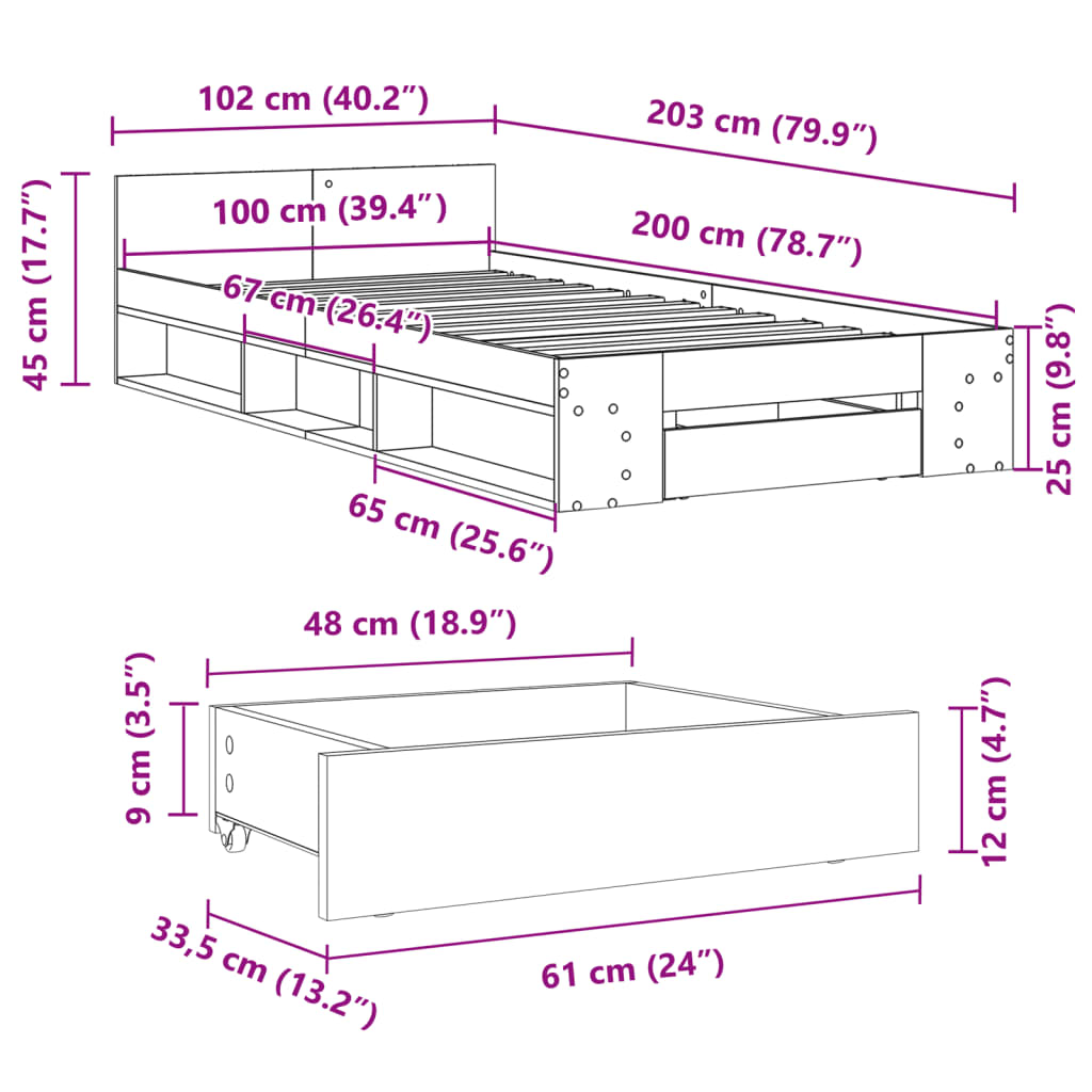 vidaXL voodiraam sahtlitega, hall Sonoma tamm, 100 x 200 cm, tehispuit