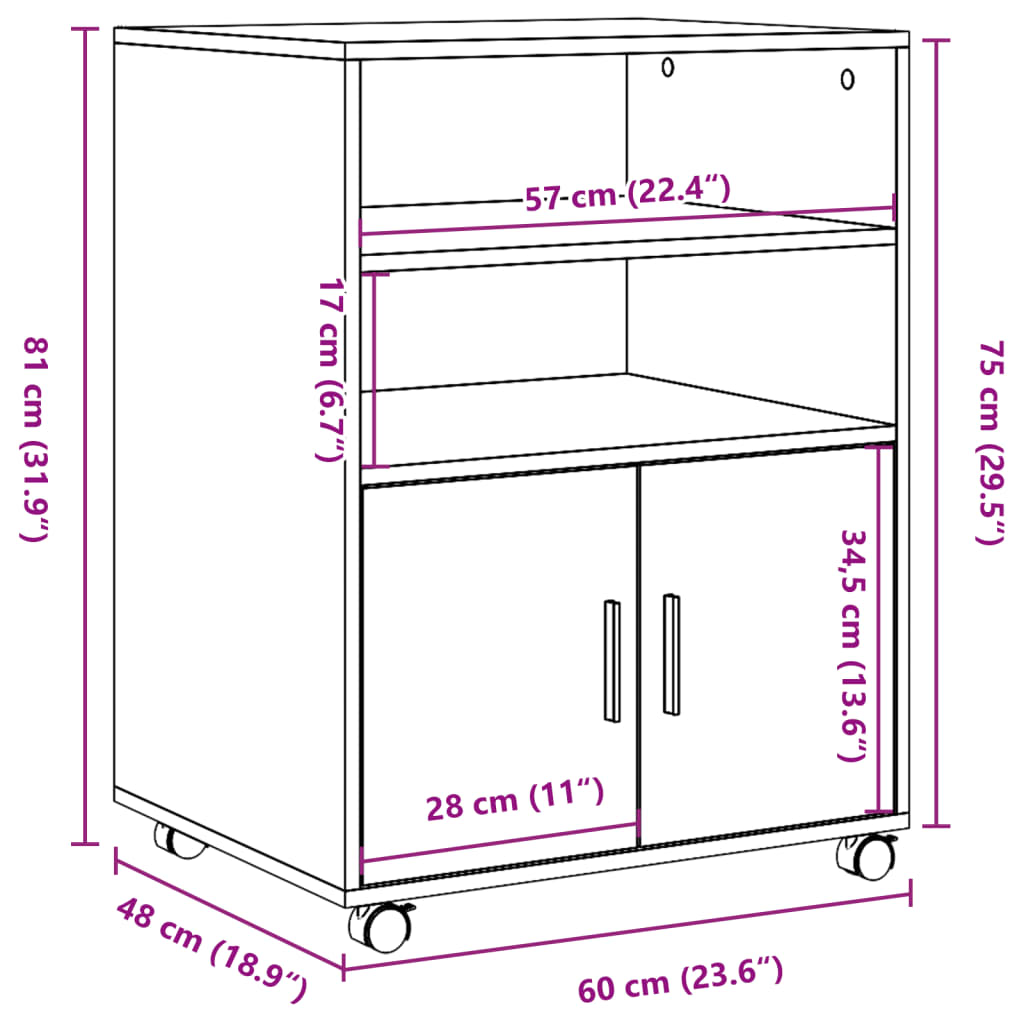 vidaXL ratastel kapp, must, 60 x 48 x 81 cm, tehispuit