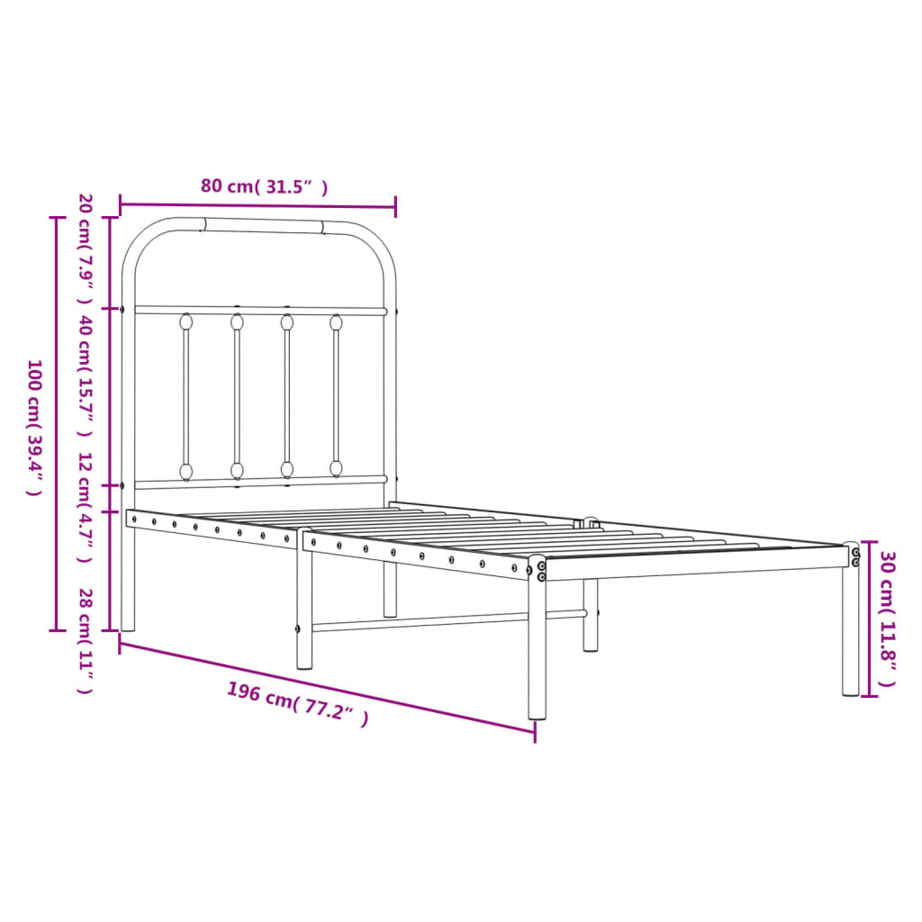 vidaXL metallist voodiraam peatsiga, must, 75x190 cm