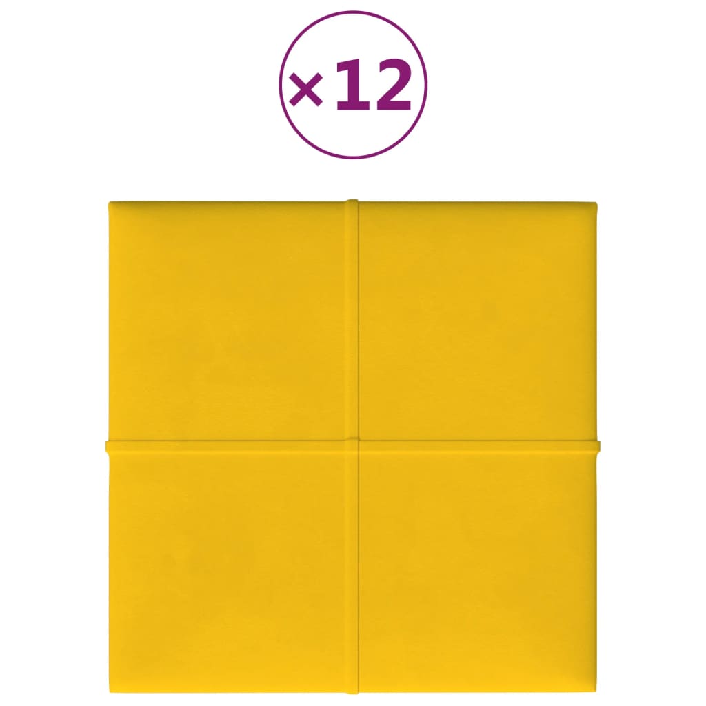 vidaXL seinapaneelid 12 tk, kollane, 30 x 30 cm, samet, 1,08 m²