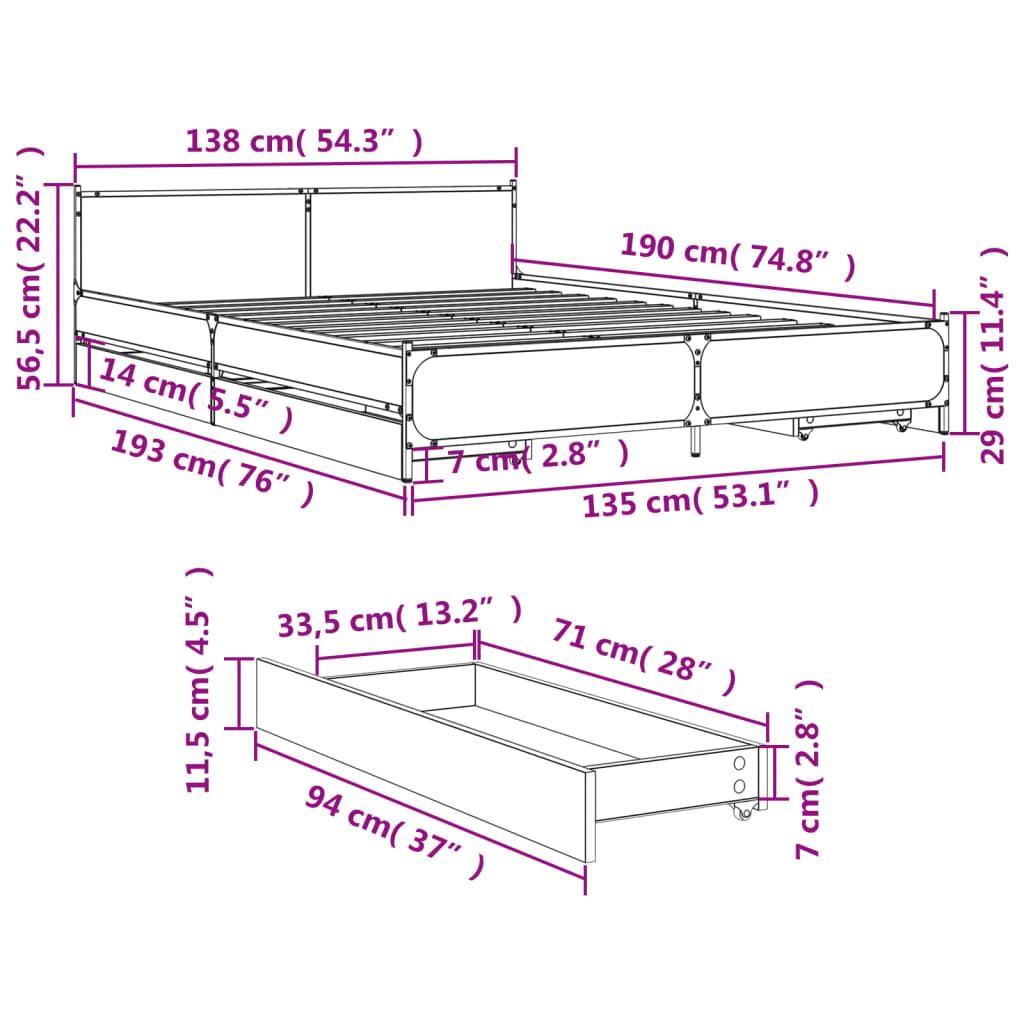 vidaXL voodiraam sahtlitega, hall Sonoma tamm, 135 x 190 cm, tehispuit