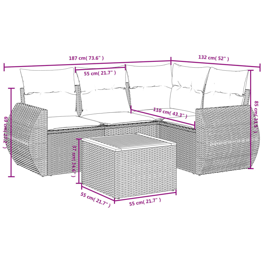 vidaXL 5-osaline aiamööblikomplekt istmepatjadega, polürotang, hall