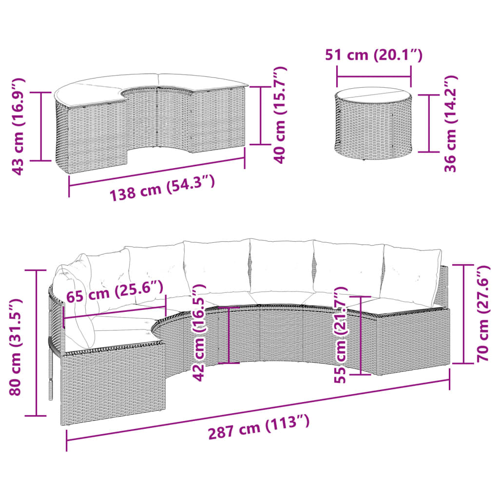 vidaXL 3-osaline aiadiivanite komplekt, poolümar, must, polürotang