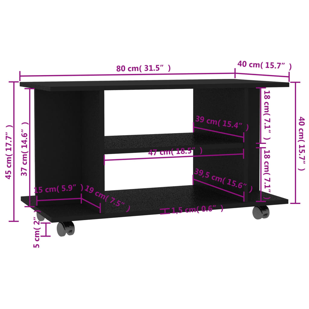 vidaXL ratastega telerikapp, must, 80 x 40 x 45 cm, tehispuit