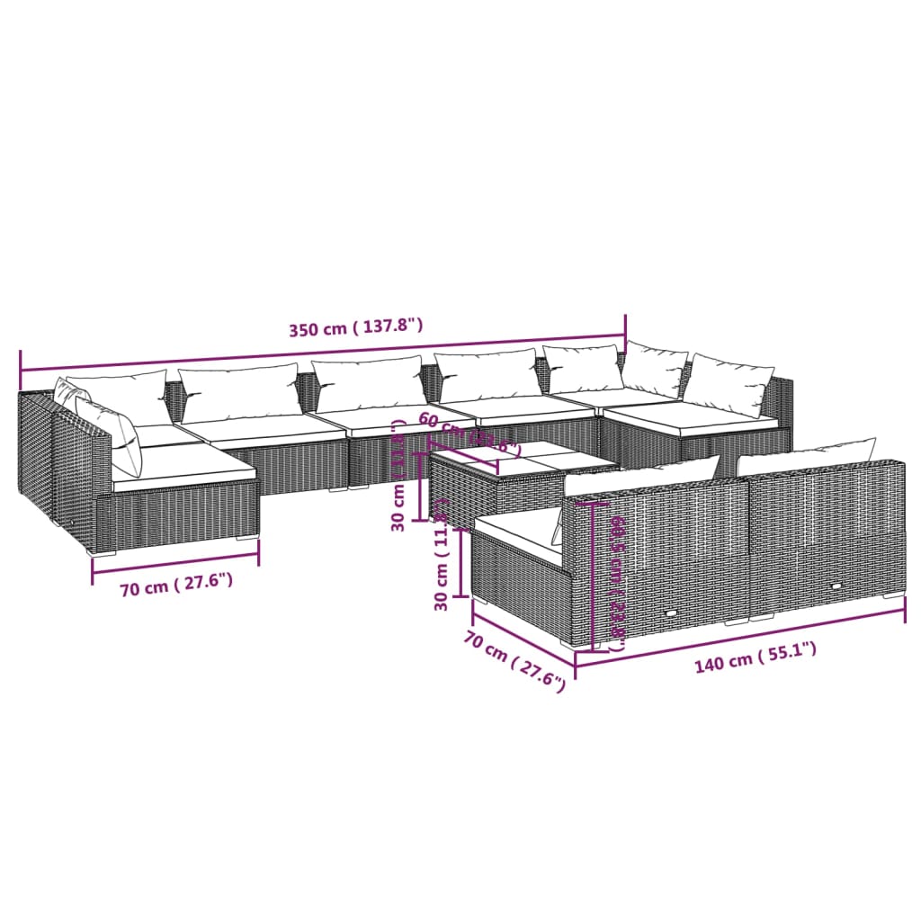 vidaXL 10-osaline aiamööbli komplekt patjadega, hall, polürotang