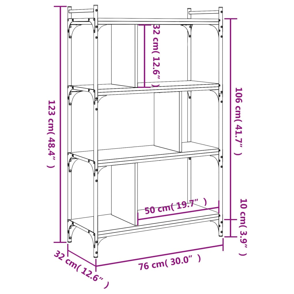 vidaXL raamaturiiul 4 korrust, hall Sonoma, 76x32x123 cm, tehispuit