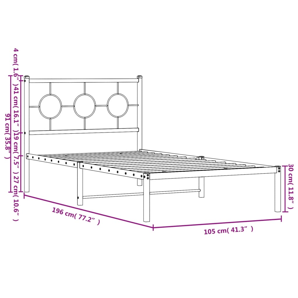 vidaXL metallist voodiraam peatsiga, must, 100x190 cm