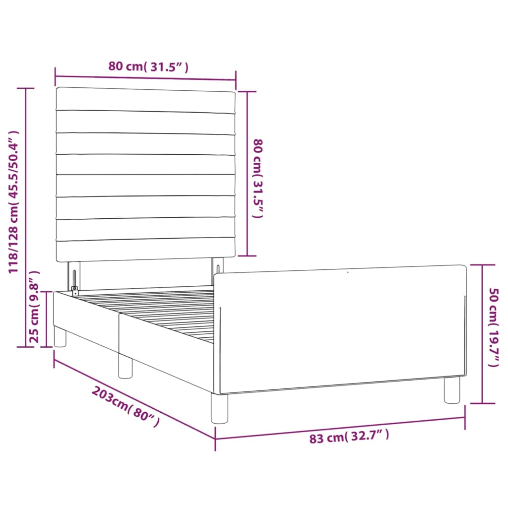 vidaXL voodiraam peatsiga, tumeroheline, 80x200 cm, samet