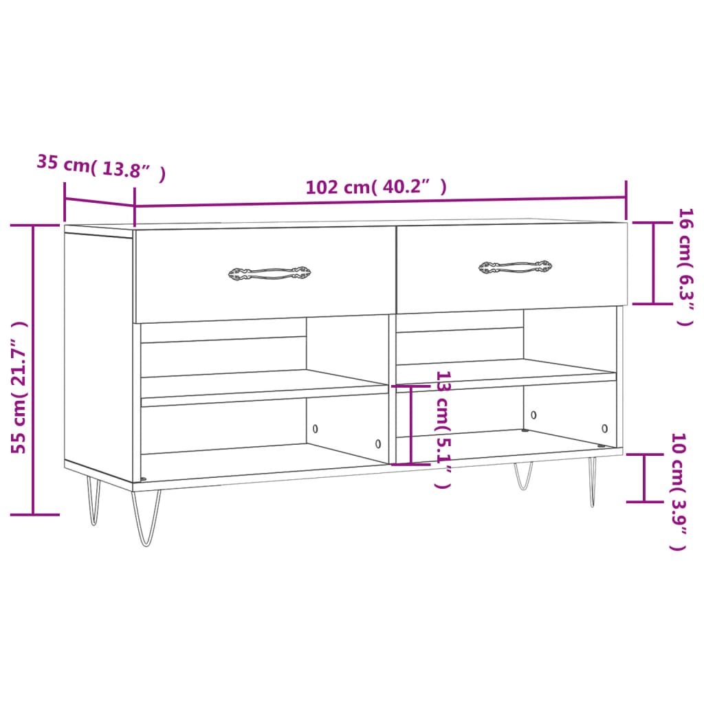 vidaXL jalatsipink, valge, 102 x 35 x 55 cm, tehispuit