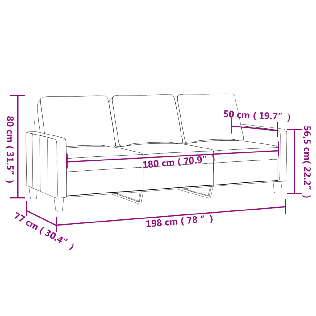 vidaXL 3-kohaline diivan, helehall, 180 cm, samet