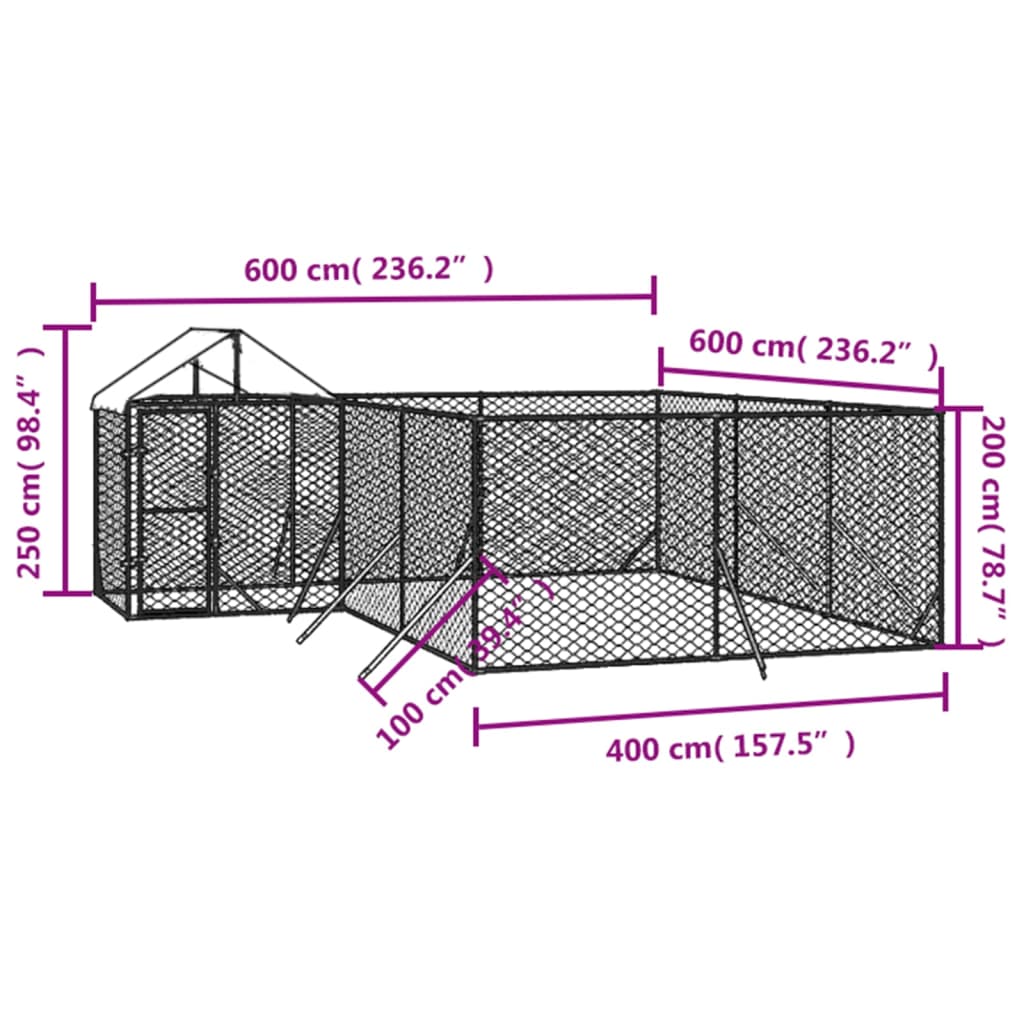 vidaXL katusega koeraaedik, hõbedane, 6x6x2,5 m, tsingitud teras