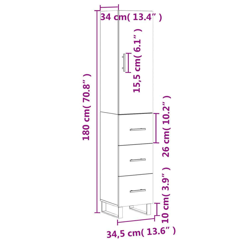 vidaXL kõrge kapp, hall Sonoma tamm, 34,5x34x180 cm, tehispuit