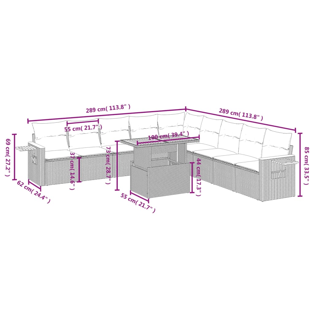 vidaXL 11-osaline aiadiivani komplekt patjadega, must, polürotang