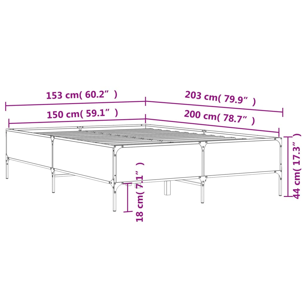 vidaXL voodiraam, pruun tamm, 150 x 200 cm, tehispuit ja metall