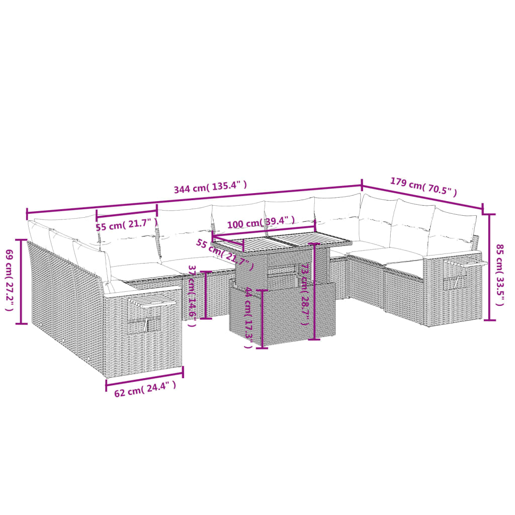 vidaXL 11-osaline aiadiivani komplekt patjadega, must, polürotang