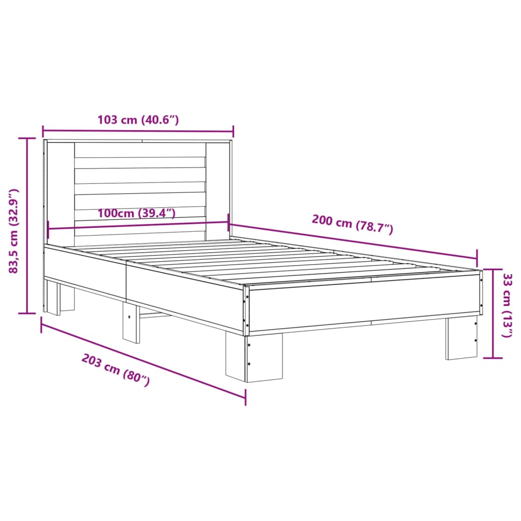 vidaXL voodiraam, hall Sonoma tamm, 100 x 200 cm, tehispuit ja metall