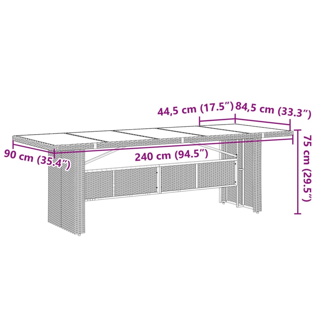 vidaXL aialaud klaasplaadiga, must, 240 x 90 x 75 cm, polürotang