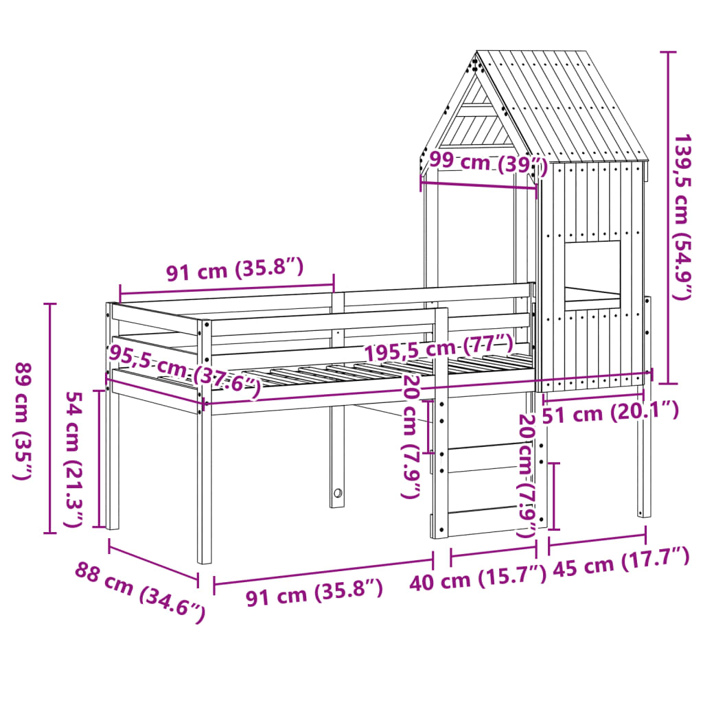 vidaXL kõrge voodi, katusega, meepruun, 90 x 190 cm, männipuit