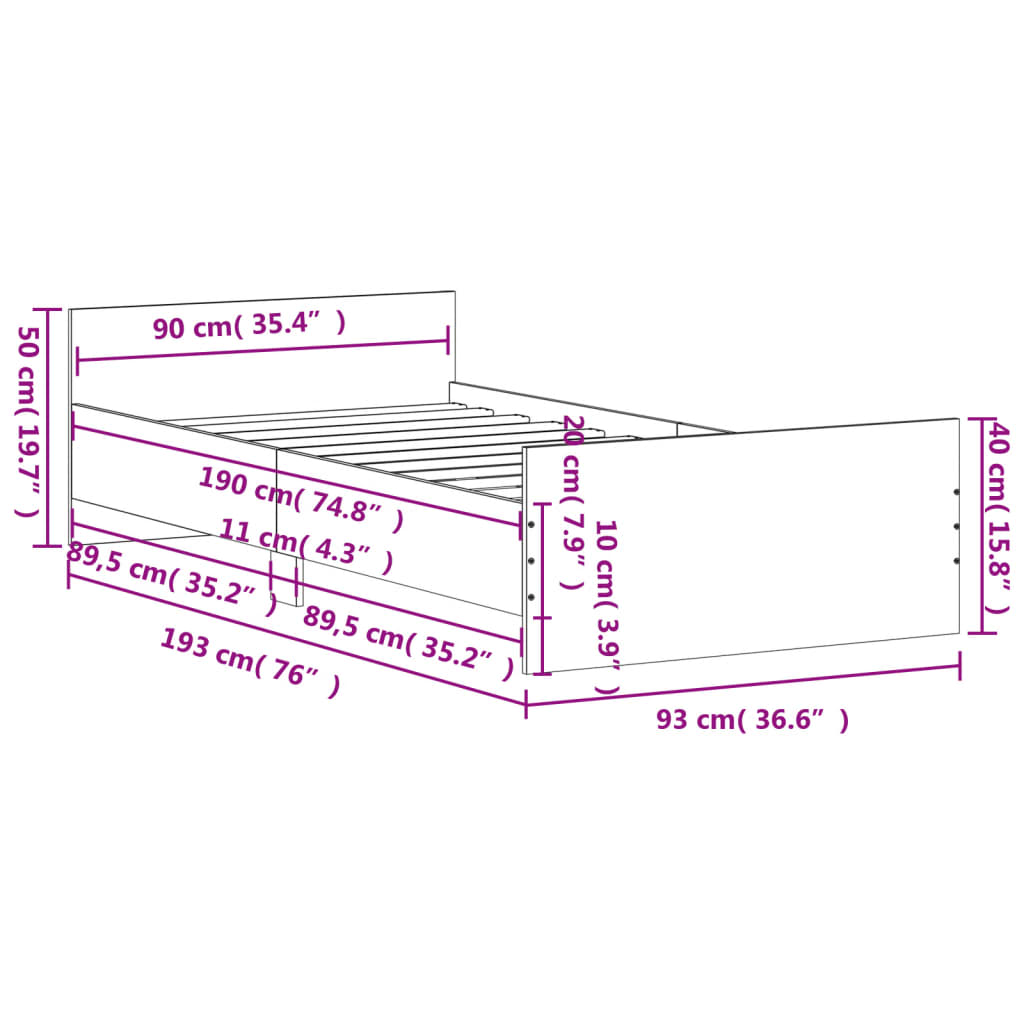 vidaXL voodiraam, hall Sonoma tamm, 90x190 cm, tehispuit