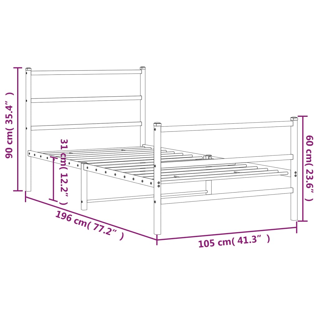 vidaXL metallist voodiraam peatsi ja jalutsiga, must, 100 x 190 cm